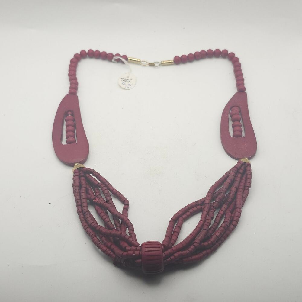 Burgundy Multi Strand Wooden Bead Statement Bib Necklace Boho India Artisan